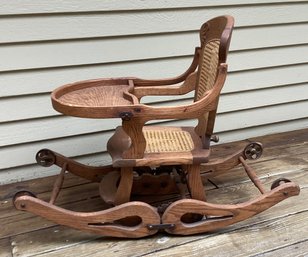 Fabulous Solid Oak Caned High Chair That Converts To A Rocker For Baby