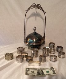 Antique Silver-plate Butter Butler &  A Wide Variety Of Silver-plate Napkin Rings