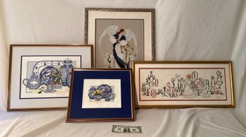 4 Exceptionally Created Needlepoint Items Framed/no Glass