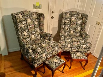 Nice PairNice Pair Of Vintage Upholstered, Queen And Style Wing Chairs