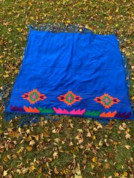 Striking Royal Blue Hand Made Seminole  Fringed Shawl With Applied Abstract Designs Of Pink/orange/green