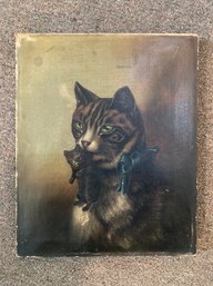 Antique Oil Painting  On Canvas Of A Tiger Cat And Kitten