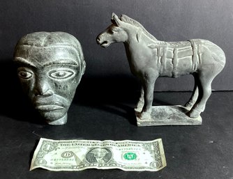 2 Vintage Unusual Items A Signed Carved Stone Face/Eskimo Art &  A Clay Horse With Asian  Lettering