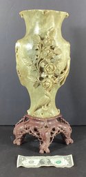 Large Ornate Asian Hand Carved Jade Green Soapstone Vase With Brown Soapstone Base