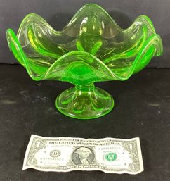 Vintage  Lime Green Art  Glass Freeform Pedestal Bowl