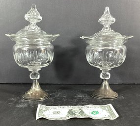 Pair Of Vintage Unsigned Baccarat Sweetmeat Containers With Sterling Bases