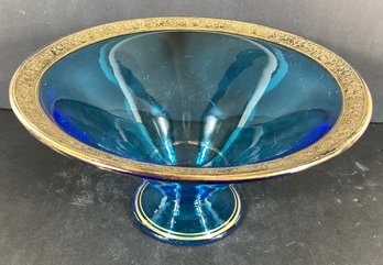 Antique Blue Glass And Gilt Banded Pedestal Bowl