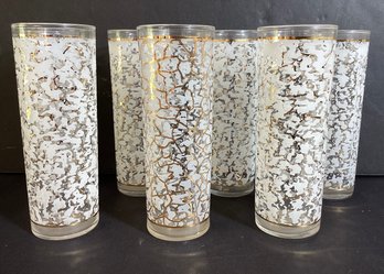 7 Mid Century Signed Fenton Tom Collins/Iced Tea Glasses In White And Gold