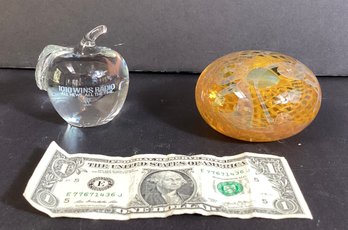 2 Glass Paperweights  One Clear Glass Apple From 1010 WINS & Goldenrod  Colored Glass And Clear Glass