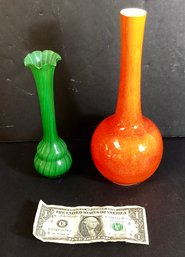 Mid Century Atomic Orange Haeger Vase And Antique Fluted Jade Green Blown Glass Vase