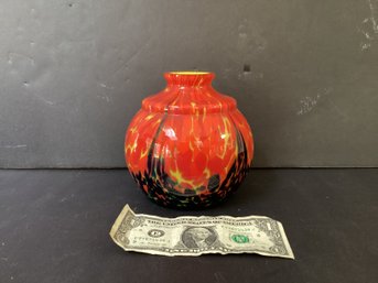 Handmade Signed  Scaibnont  Manage Art Glass Vase In Brilliant Red, Yellow, & Blue-Black .