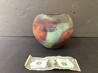 Signed Wainburg  Raku Pot/Vase With Beautiful Colors Of Magenta, Blue, Black, And Purple.