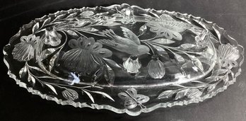 Antique Cut Glass Dresser Tray With Birds & Butterflies