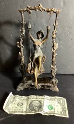 Vintage Solid Bronze Victorian Woman On A Swing