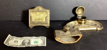 3 Antique Bronze Desk Items  Card Holder, Ink Blotter, Inkwell & Stand