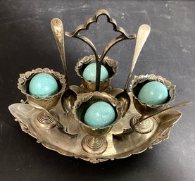 Antique Silver Plate Egg Cup Holder.s And Spoons With A Handle Serving Dish