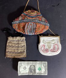 3 Vintage Beaded Purses:  2 Clasp Purses Made In Belgium, & 1 Hand Made Drawstring Purse