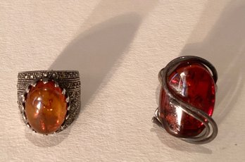 2 Sterling Silver-and Amber Rings