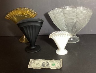 4 Antique Fan Shaped Glass Vases Various Colors And Size