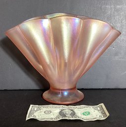 Antique Iridescent Pink Stretch Glass Fan Vase