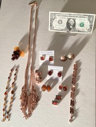 Nice Group Of Copper Toned Metal, Amber Earrings And Other Baubles