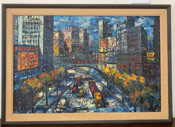 Large Mid Century Modern Oil On Canvas New York City Scene Unsigned