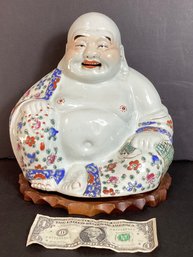 Porcelain Asian Buddha In Floral Robe And On Custom Carved Wood Stand