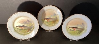 Three Limoges  Hand Painted 8 1/2 Plates With Summer Themed Fish & Cottage Design.