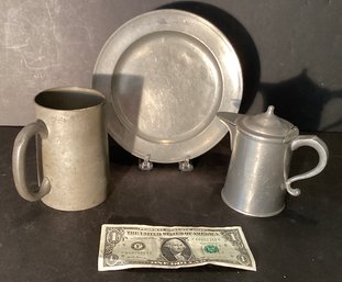 Circa 1830 Pewter Tankard, Plate, &  Syrup Pitcher