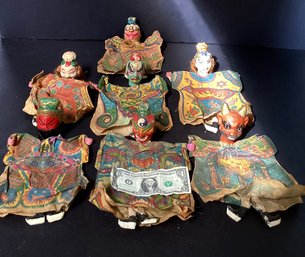 7 Antique Asian Puppets With Detachable Heads And Ornate Cloth Bodies