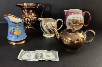 4 Antique Copper Luster Pitchers And Luster Tea Pot