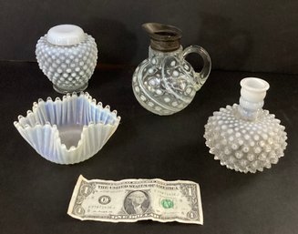 4 Antique Opelescent Coin Spot & Hobnail Glass Items Jar, Vase, Pitcher, And Dish