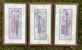 Three Matted And Framed Prints Of Fashionable Women From Yesteryear.