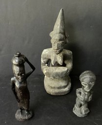 3 Vintage/antique Hand Carved Ebonized Wood Figures