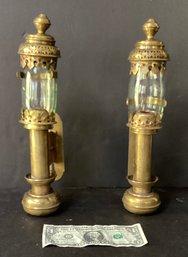 2 Antique Brass Spring Loaded Candle Sconces With Original Glass And Brass Fitted Caps.