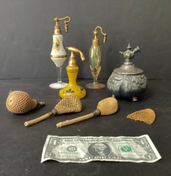 4 Antique Perfume Bottles With Atomizer Bulbs