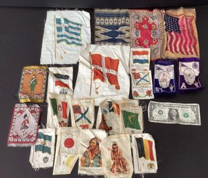 23 In Total Antique Cigarette Patches In Flannel & Fine Cotton-with Foreign Flags And Imprints