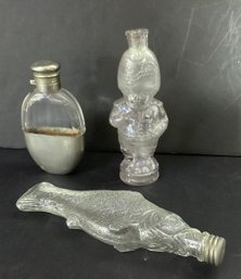 2 Antique Glass Bottles And An Antique Glass And Nickel Silver Flask With Cap