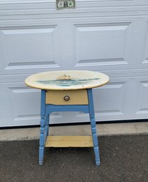 Vintage Hand Painted Nautical Theme Oval Side Table With Drawer