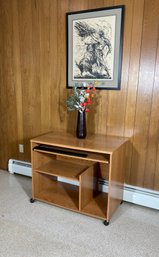 Oak Mid Century Style Rolling Computer Table