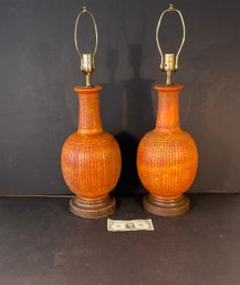 Pair Mid Century Atomic Orange & Yellow Ceramic Table Lamps
