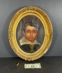 Antique American Oil On Canvas Childs Portrait In Original  Gilded Frame