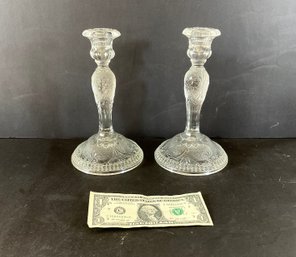Pair Vintage Indiana Glassworks Candlesticks  Tiara Pattern