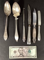 A Mixed Lot Of Silver Items Knives, Spoons, And A Button Hook #9