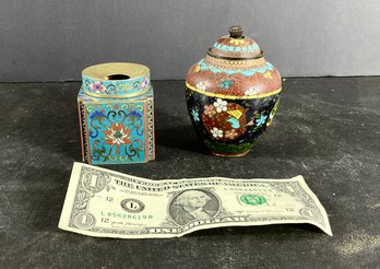 2 Antique Chinese Cloisonne Ink Well And Covered Vase