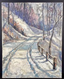 Original Impressionist Oil Painting Snowy Trail, By Artist Carl Meyer