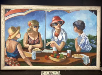 Original 1970 Oil Painting Summer Conversations Attributed To The Late Shoreline Artist Barbara Dahlin