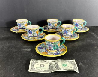 6 Vintage Italian Hand Painted Espresso Cups & Saucers