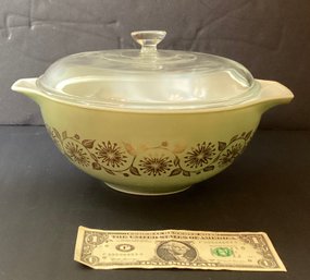 Mid Century Pyrex Sage Green Medallion Bowl  With Clear Glass Lid