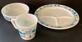 Vintage Pyrex  Blue Train Children's Set Cup, Bowl, And Sectioned Plate.